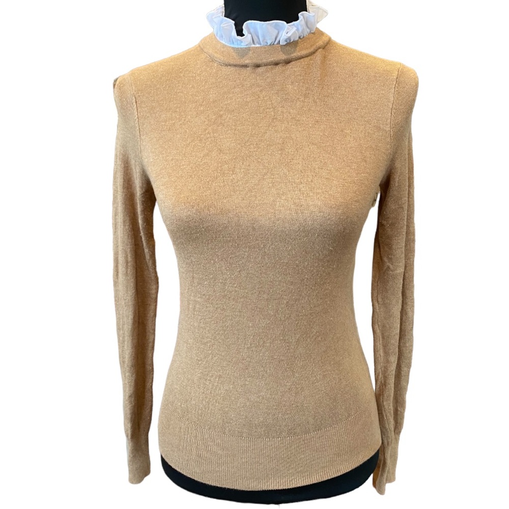 Zara Knit Tan Brown Sweater with White Ruffle Collar Size Small